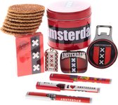 Pakket Amsterdam XXX, stroopwafels, speelkaarten, bewaarblik, sleutelhanger, pennen, mint