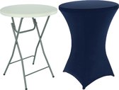 Statafel + Marineblauwe Statafelrok – 80 cm Dia x 110 cm hoog – Cocktailtafel – Hoge staan tafel – Breed Blad – Inclusief Marineblauwe Statafelhoes – Staantafelrok Stretch R