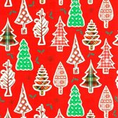 Cadeaupapier - Xmas on Glossy - Kerstboompjes op Rood - 70cm x 200m
