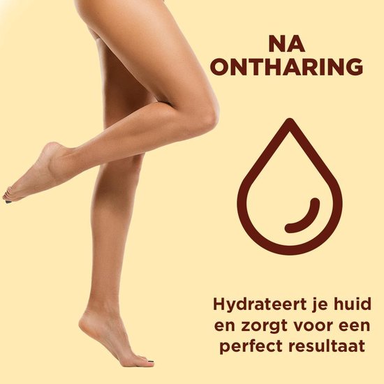 Benen van een vrouw na ontharing. Tekst "NA ONTHARING" en "Hydrateert je huid".