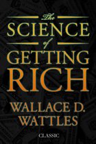 Boek "The Science of Getting Rich" van Wallace D. Wattles, met een achtergrond van Amerikaanse dollarbiljetten.