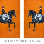 Allernieuwste 2-Delig Canvas Schilderij Oranje Dressuur Paarden - Modern - Sport - Poster - Set 2x: 40 x 80 cm - Kleur