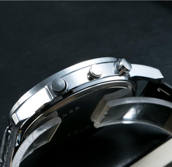 Yazole Luxe Heren horloge - DaVinciWatches - Zwart Lederen Band - Zilverkleurige Kast - zwart kleurige Wijzerplaat – Type J