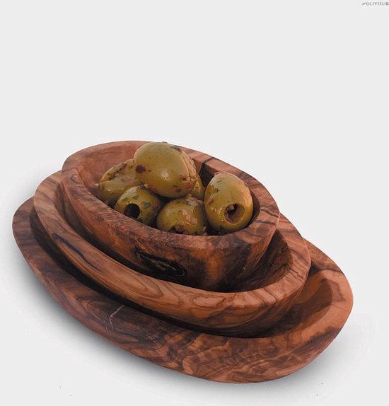 Olivieu ~ Conjunto ~ 13 cm – 16.5 cm – 19.5 cm ~ Drie Olijfhouten Tapasschalen |Uniek Cadeau | Duurzaam Kado | Hapjesschalen | Hapjesschaaltjes | Tapasschaaltje | Houten Bakjes Tapas | Schaaltjes hout hapjes