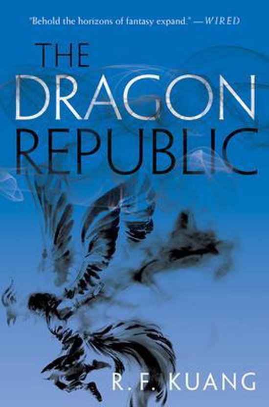 Couverture du livre 'The Dragon Republic' sur fond bleu avec un oiseau/phénix de fumée volant vers la gauche. Le titre et l'auteur sont en lettres blanches.