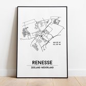 Renesse city poster, A4 met lijst, plattegrond poster, woonplaatsposter, woonposter