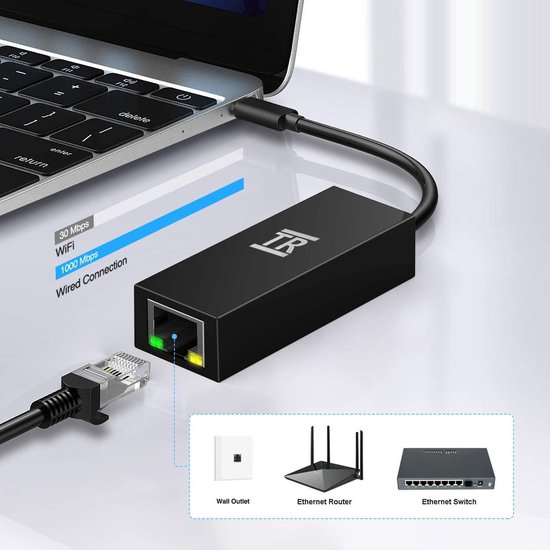USB-C naar Ethernet Adapter | USB-C naar RJ45 10/100/1000Mbps Gigabit Ethernet LAN Network Adapter kabel | Compatible met iPad Pro 2018, MacBook Pro, Surface Book 2, Windows 10 8.1 8 7 XP Vista - TechRise