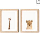 Dierenposters | Posters babykamer | 2 stuks | 30 x 40 | Dierenkoppen | Giraffe | Leeuw | Kinderkamer