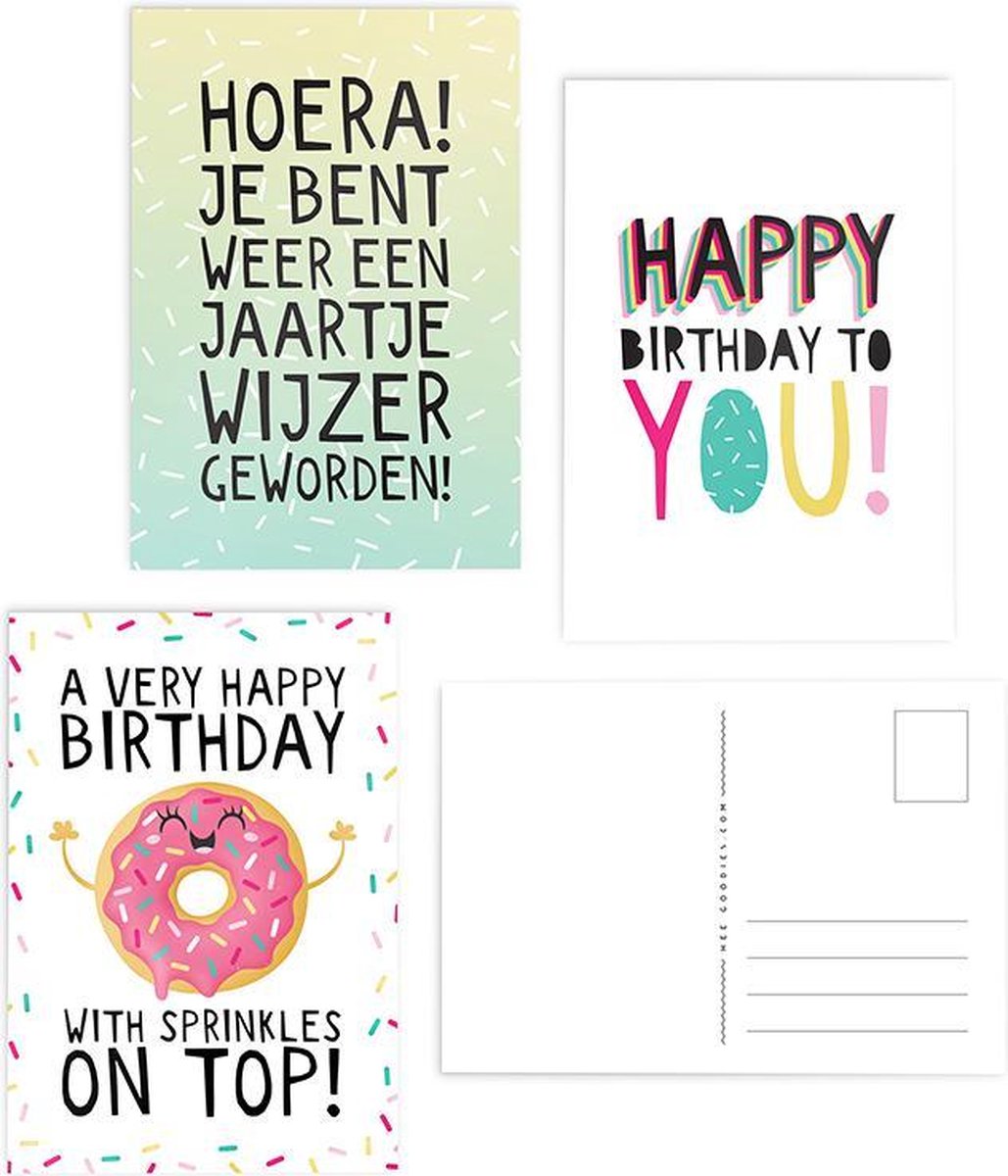 Wenskaarten verjaardag set 3 stuks verjaardagskaarten met envelop vrolijk donut