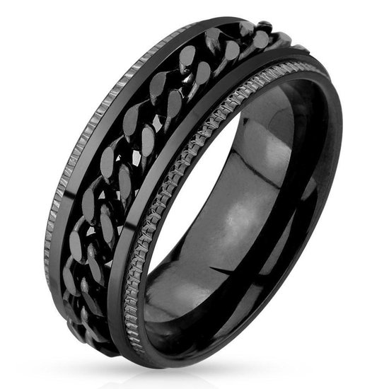 Heren Ring - Zwarte Ring - Mannen - Ring met Uniek Schakelmotief - Groov