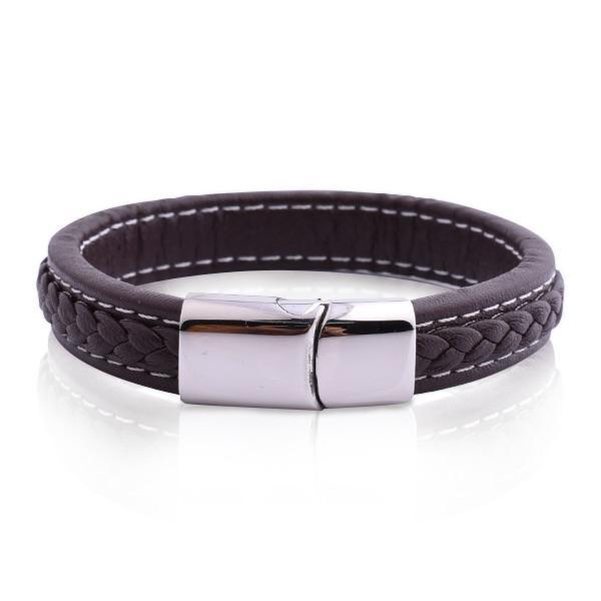 Armband Heren - Armband Mannen - Armband Dames - Heren Armband - Armband - Leer met Zilverkleurige Schakel - Leron