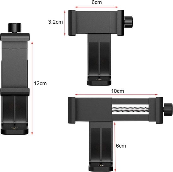 Zwarte telefoonhouder, afmetingen 12cm hoogte, 6cm breedte, 10cm breedte uitgeschoven.