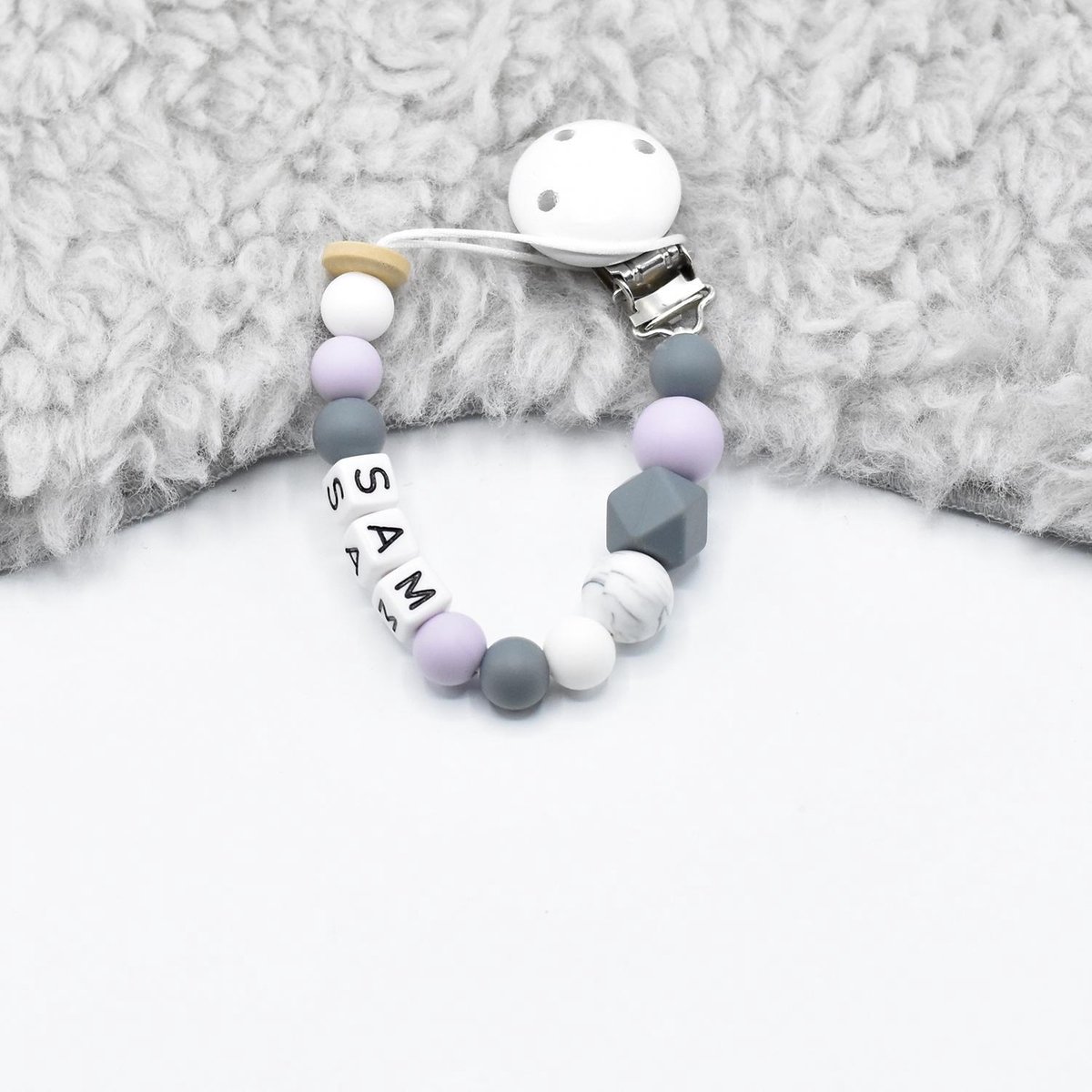 Goedkoopste TippieToe - Speenkoord met Naam Lila - Voor jongen of meisje - lila, lichtgrijs, donkergrijs, marble en wit