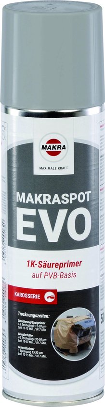 Makraspot EVO spuitbus met donkergrijze dop. Tekst in wit en rood op witte bus met grijze achtergrond.