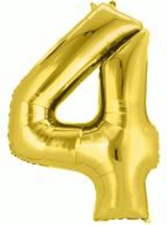 Folie ballon XL cijfer 4 goud kleur is + - 1 meter groot  groot  inclusief een flamingo sleutelhanger