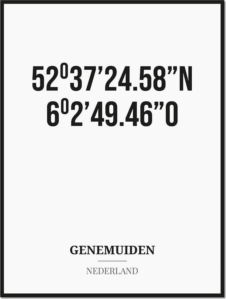 Studio216 Poster/kaart GENEMUIDEN met coördinaten zwart, wit