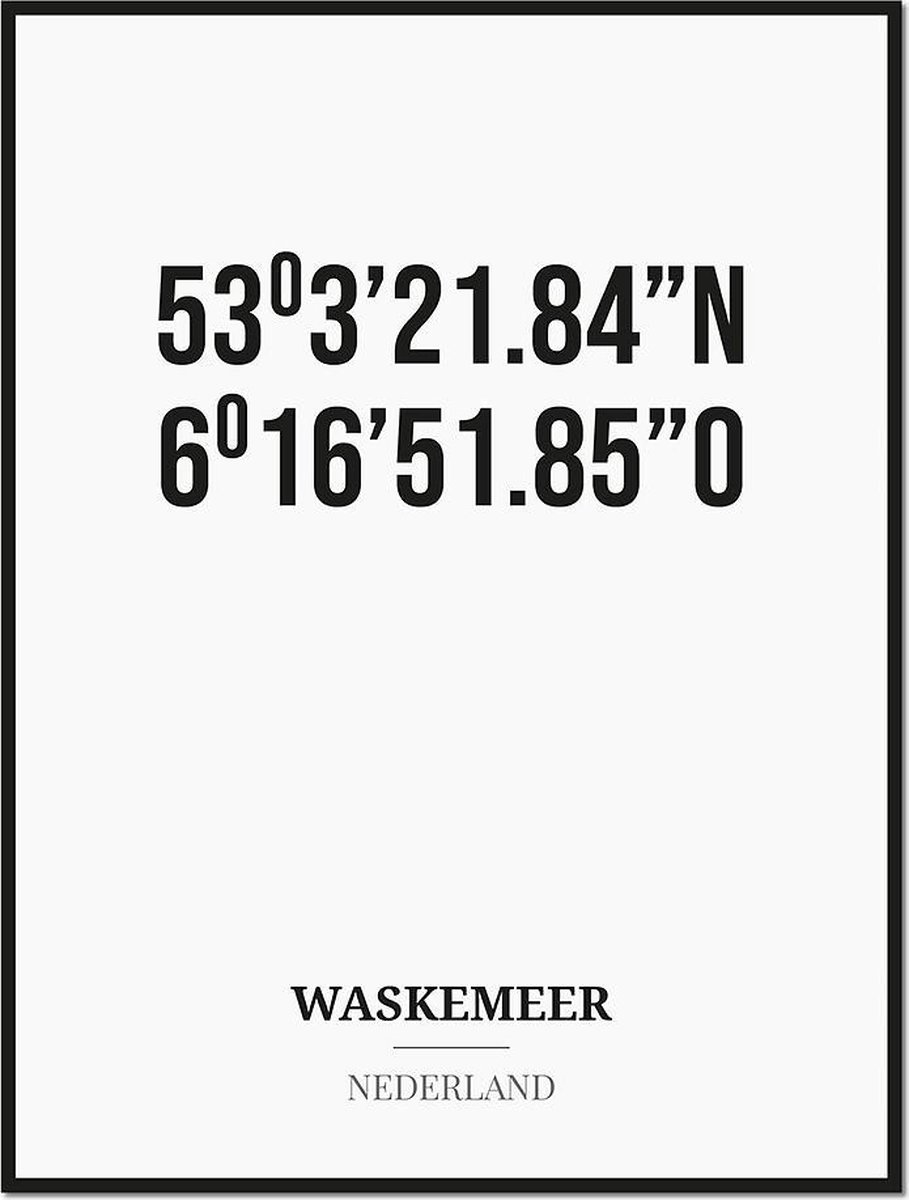 Studio216 Poster/kaart WASKEMEER met coördinaten zwart, wit