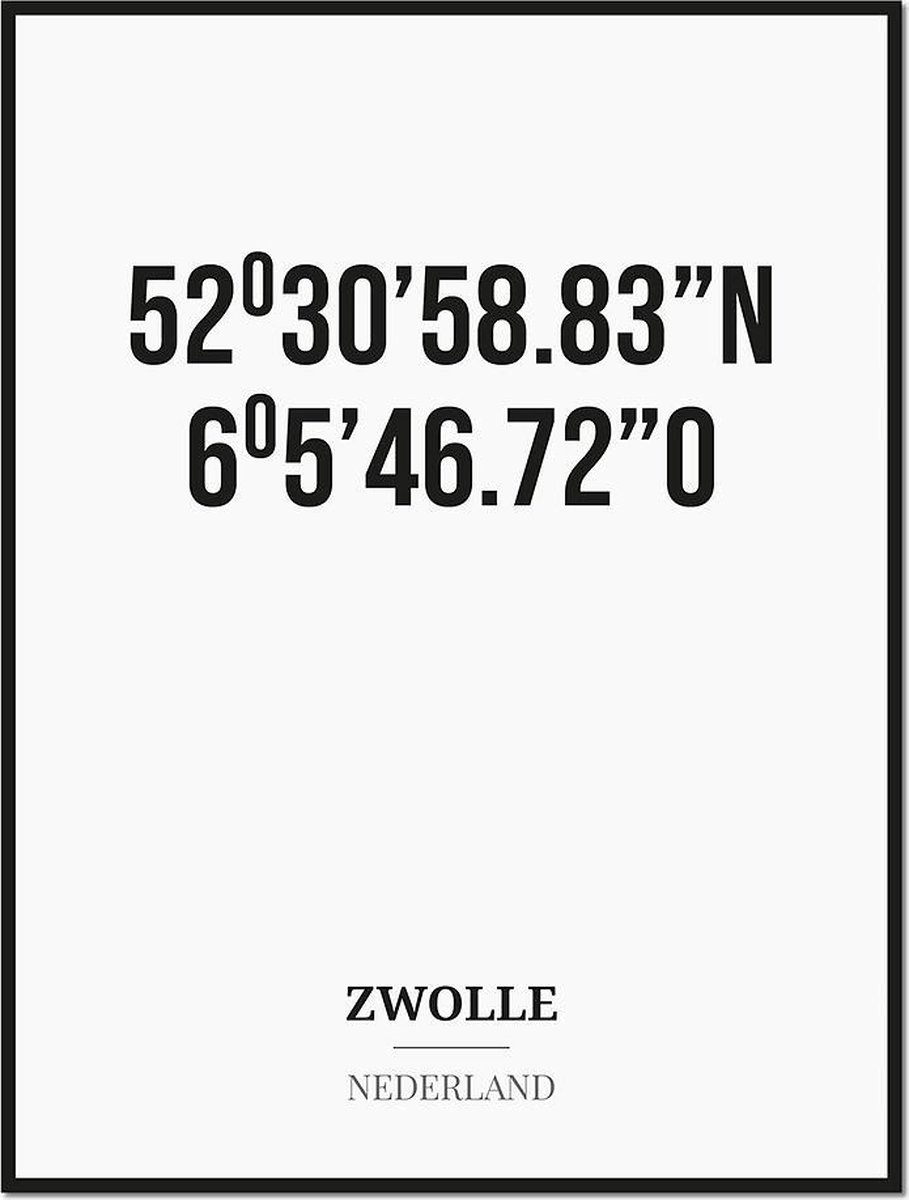 Studio216 Poster/kaart ZWOLLE met coördinaten zwart, wit