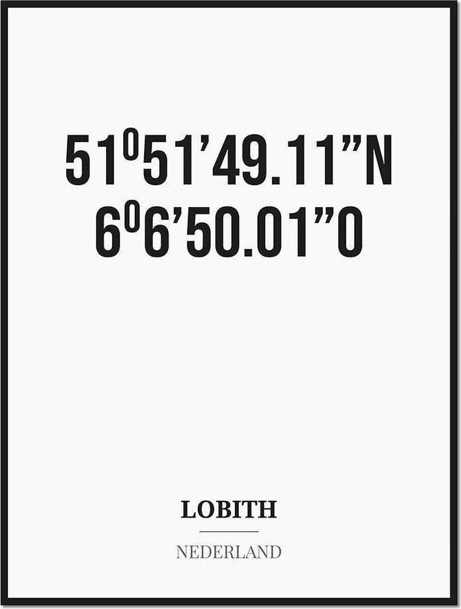 Studio216 Poster/kaart LOBITH met coördinaten zwart, wit