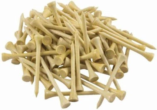 Een grote stapel beige bamboe golftees, 70mm lang.