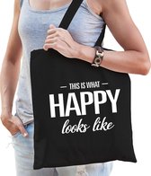 This is what happy looks like cadeau katoenen tas zwart voor dames - kado tas / tasje / shopper voor een gelukkige dame / vrouw
