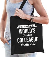 Worlds greatest COLLEAGUE cadeau tasje zwart voor dames - verjaardag / kado tas / katoenen shopper voor een collega / co worker