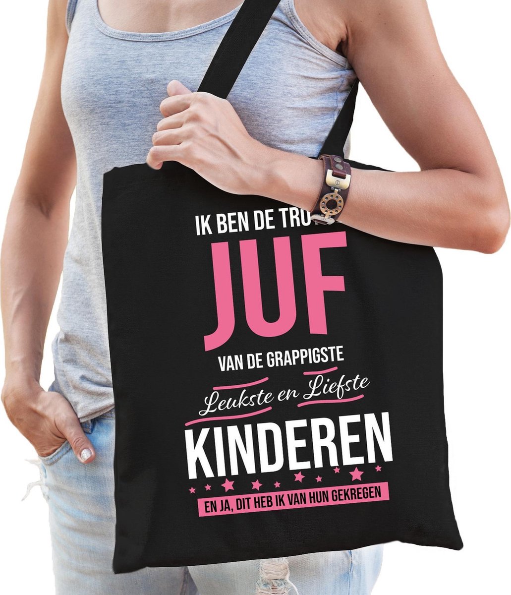 Trotse juf katoenen cadeau tasje zwart voor dames - wit en roze letters - verjaardag / kado tassen /