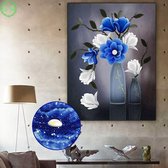 Peinture au diamant 56x75cm - Fleur de magnolia dans un vase bleu - Couverture complète - Pierres rondes avec pierres spéciales
