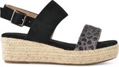 PS Poelman Dames Sandalen met Espadrille Zool - Iris - Zwart met Furry Luipaard Print - Maat 40