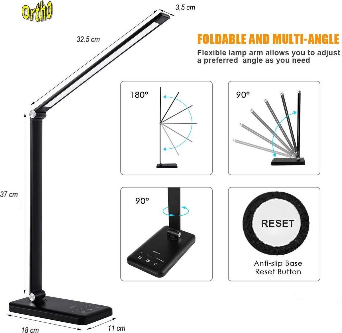 Ortho® - Bureaulamp - Bedlamp - Leeslamp - Nachtlamp - LED - Kleur licht, van Warm Wit tot Daglicht - Dimbaar - met USB oplaadpoort - Zwart thumbnail 6