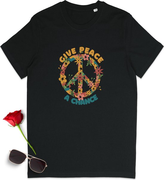 Peace t Shirt - Give Peace a Change Shirt - T shirt Heren - T shirt Dames - Shirt met print opdruk voor mannen en vrouwen - Maten: S M XL XXL XXXL - tShirt kleuren: Wit, Zwart.