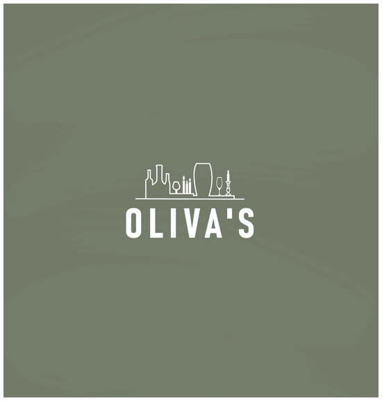 Groen achtergrond met wit kader en logo van Oliva's met stadsgezicht.