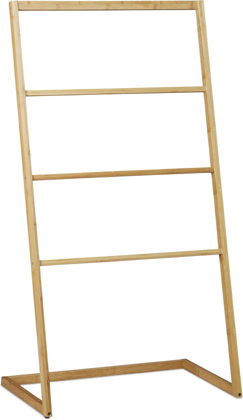 Relaxdays handdoekrek staand, 5 armen, bamboe, rvs, badkamer handdoekhouder met plank, HBD 87 x 58.5 x 36 cm, natuur Relaxdays handdoekrek staand, 5 armen, bamboe, rvs, badkamer handdoekhouder met plank, HBD 87 x 58.5 x 36 cm, natuur