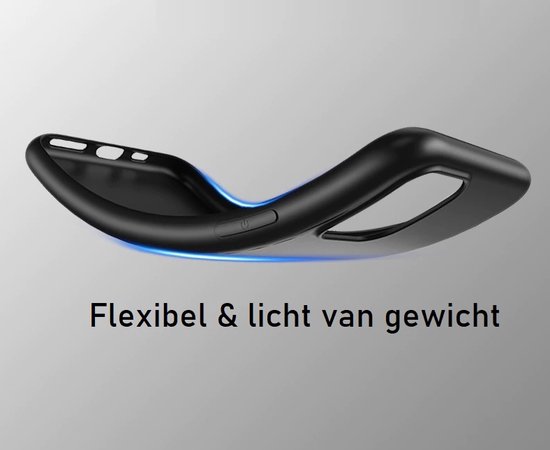 Zwart telefoonhoesje dat flexibiliteit demonstreert, met de tekst 'Flexibel & licht van gewicht'.