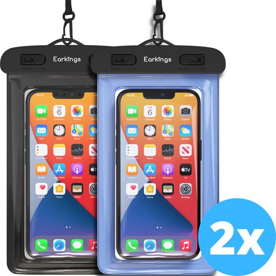 Twee EarKings telefoonhoesjes, zwart en lichtblauw, met smartphones erop. Grote '2x' aanduiding.