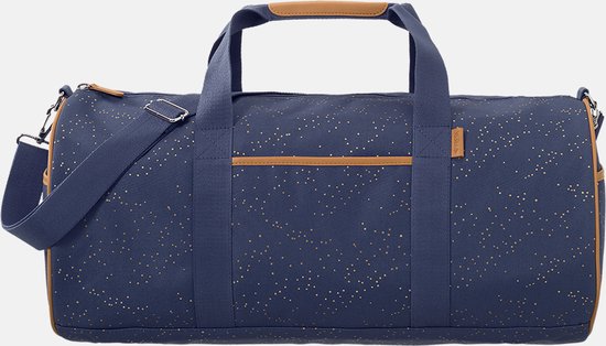 Blauwe weekendtas met gouden stippen en bruine handvatten en accenten.