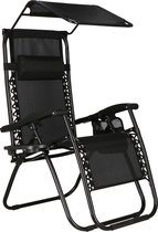 Chaise de jardin Springos | Chaise longue | Repliable | Ajustable | Comprend un appui-tête et un auvent | Noir