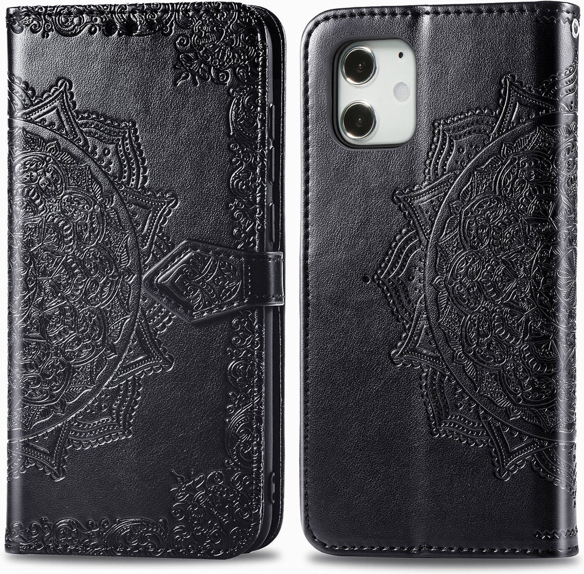 Bookcase geschikt voor Apple iPhone 12 Mini - Zwart - Bloemen - Portemonnee Hoesje