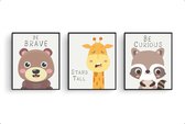 Poster Set 3 Dieren beer giraf wasbeer met blije tekst - Dieren motivatie / Dieren / Dieren Poster / Babykamer - Kinderposter 50x40cm