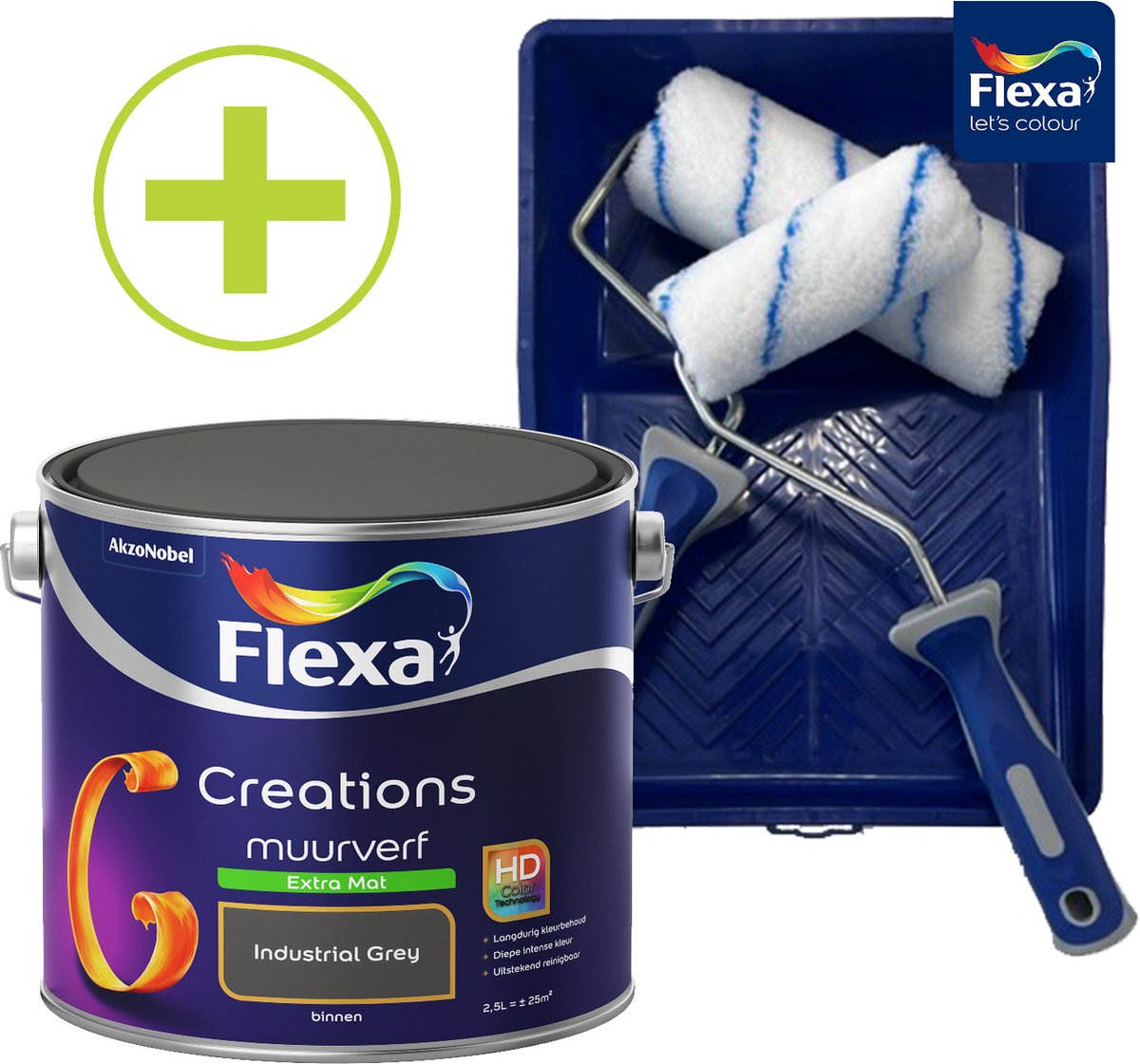 Flexa Creations Muurverf - Extra Mat - Industrial Grey - Grijs - 2,5 liter + Flexa Muurverfset 5-delig