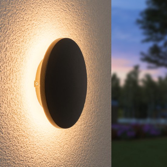 HOFTRONIC - Casper LED Wandlamp buiten Ø 135mm - Zwart - Rond - 6 Watt 660 lumen - IP54 muurlamp voor buiten en binnen - Tuinverlichting - Badkamer wandlamp - 3 jaar garantie