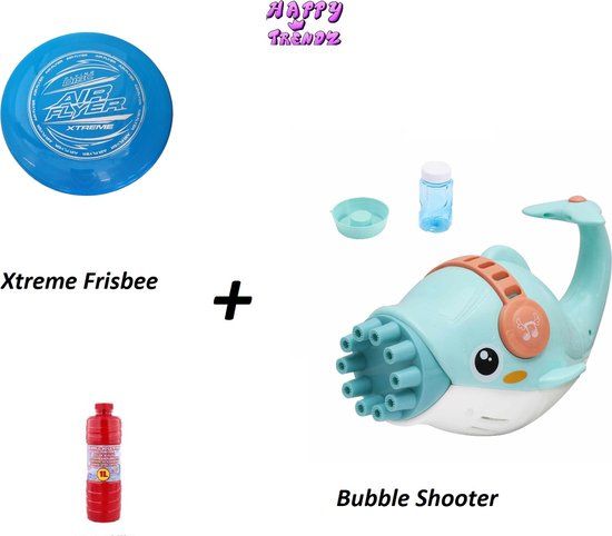 Foto: Happy trendz dolfijn bellenblaas machine frisbee 1 liter zeepsop blauw zomer speelgoed