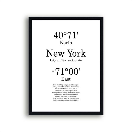 Steden Poster New York met Graden Positie en Tekst - Minimalistisch