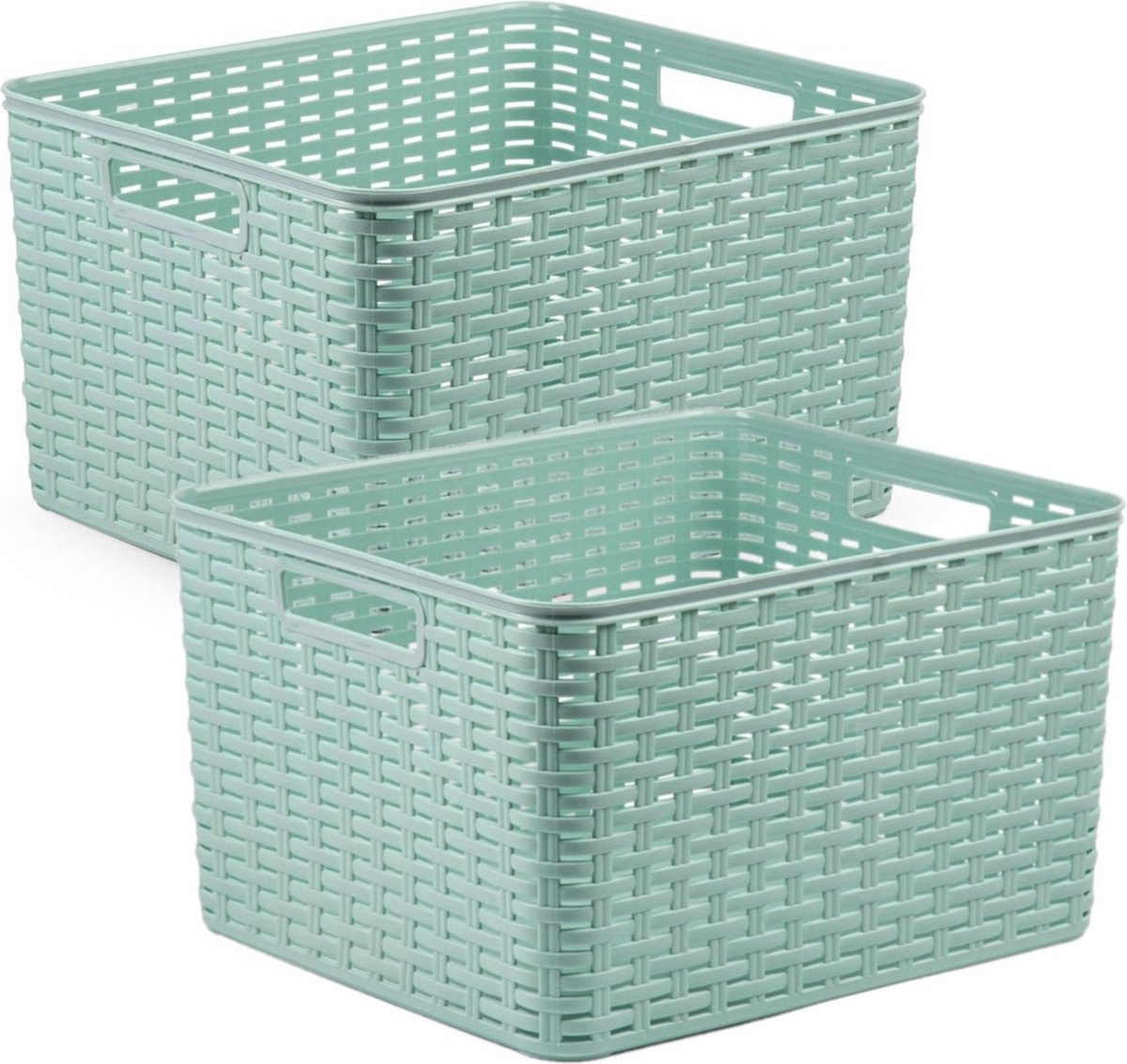 2x stuks rotan gevlochten opbergmand/opbergbox kunststof - mintgroen - 34 x 40 x 23 cm - Kast mandjes