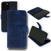 iPhone 13 Pro Hoesje Blauw - Handgemaakt Echt Lederen Portemonnee Book Case