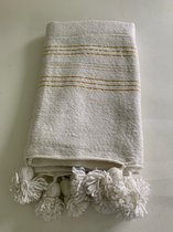 Marokkaanse Plaid met Pompoms - Wit met gouden streepjes - 100cm x 200 cm