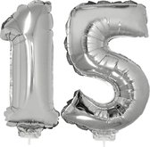 Articles de fête/décoration numéros ballons 15 ans sur bâton de 41 cm - Combinaison numéro 15 en argent