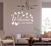 Stickerheld - Muursticker "Welcome to our home" Quote - Woonkamer - decoratie - Engelse Teksten - Mat Wit - 55x84cm