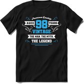 98 Jaar Legend - Feest kado T-Shirt Heren / Dames - Wit / Blauw - Perfect Verjaardag Cadeau Shirt - grappige Spreuken, Zinnen en Teksten. Maat L