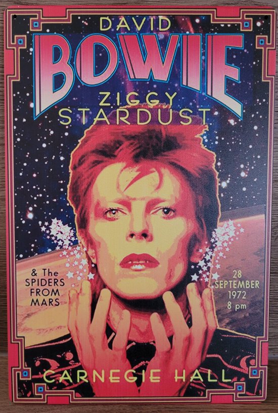 David Bowie Ziggy Stardust Reclamebord van metaal METALEN-WANDBORD - MUURPLAAT - VINTAGE - RETRO - HORECA- BORD-WANDDECORATIE -TEKSTBORD - DECORATIEBORD - RECLAMEPLAAT - WANDPLAAT - NOSTALGIE -CAFE- BAR -MANCAVE- KROEG- MAN CAVE